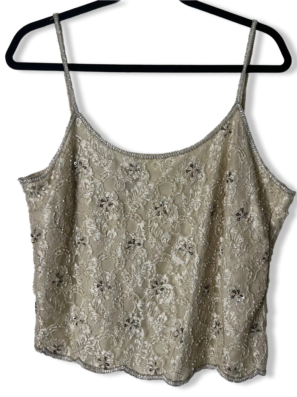 Patra Petite Women Beaded Lace Cami Tank‎ Top Sage Silver Scalloped Hem P16